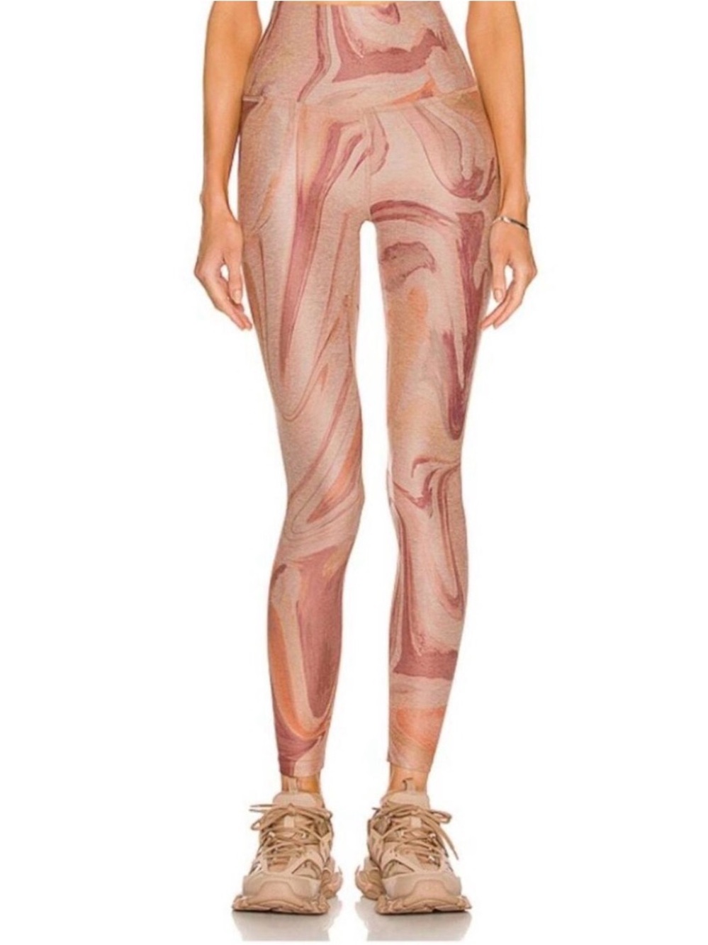 Beyond Yoga Marble-Print High-Waist Leggings in Pink and Beige